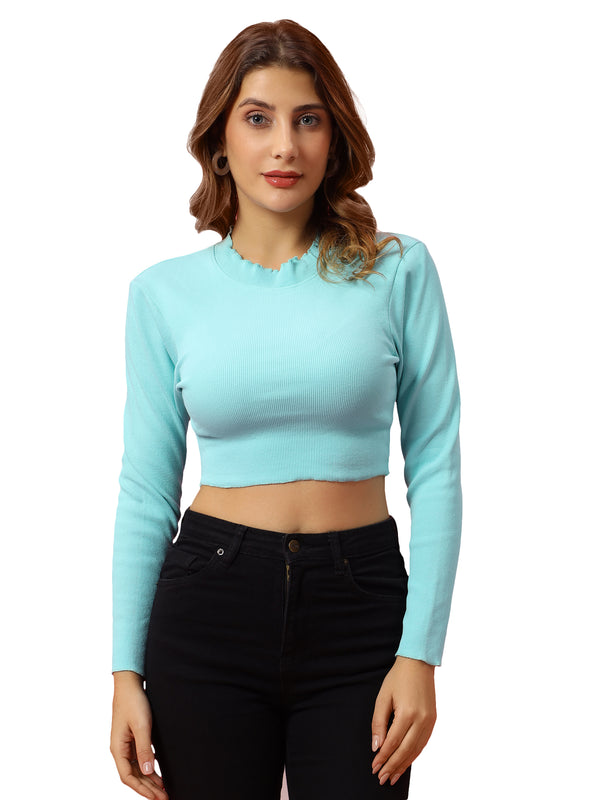 T.T. Women|Slim Fit Ribbed Top|Stretchable Cotton Rib Fabric| Trendy High Street Casual & Office Wear Full Sleeve Crop Tee|Desire Rib Tshirt For Women||Sea Green