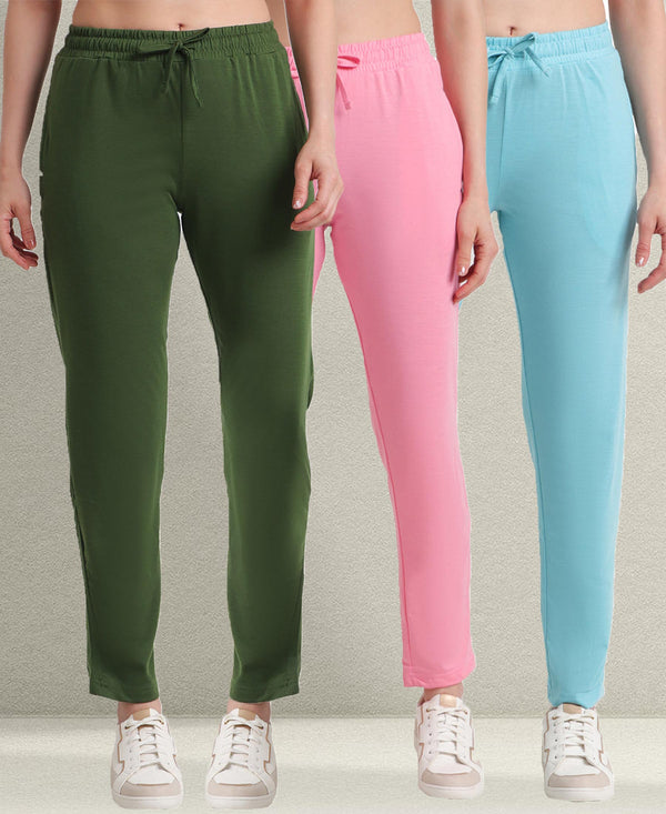 T.T. Women Regular Fit Poly Jersey Solid Trackpant Pack Of 3-Olive-Pink-Turquoise