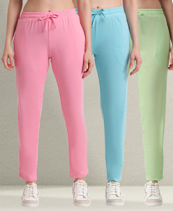 T.T. Women Regular Fit Poly Jersey Solid Trackpant Pack Of 3-Green-Pink-Turquoise
