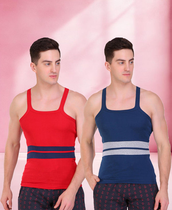 T.T. Men DesignerGym Vest Pack Of 2 Blue-Grey -Red-Blue