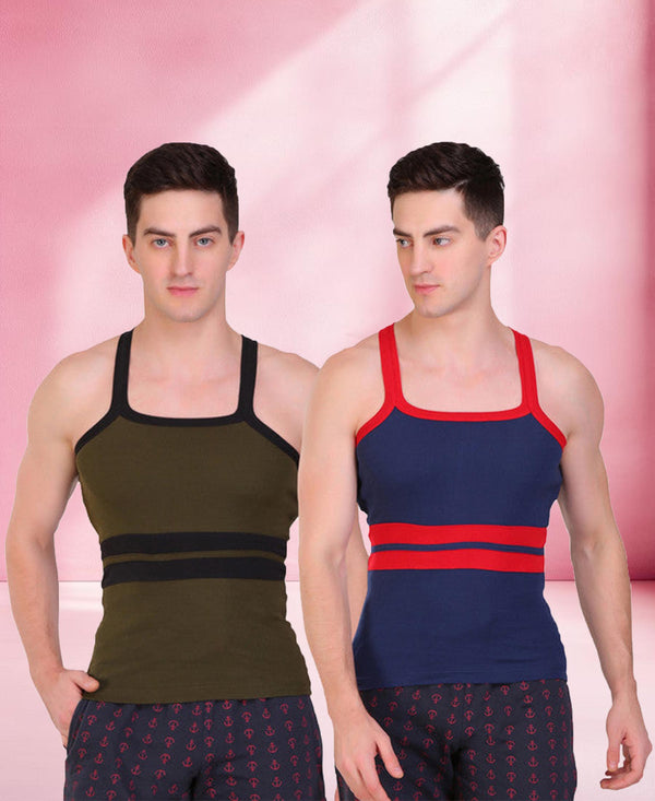 T.T. Men DesignerGym Vest Pack Of 2 Blue-Red -Olive-Black