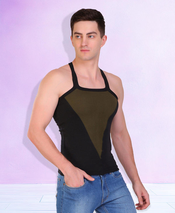 T.T. Men DesignerGym Vest Pack Of 3 Black-Olive -Blue-Red-Grey-Blue