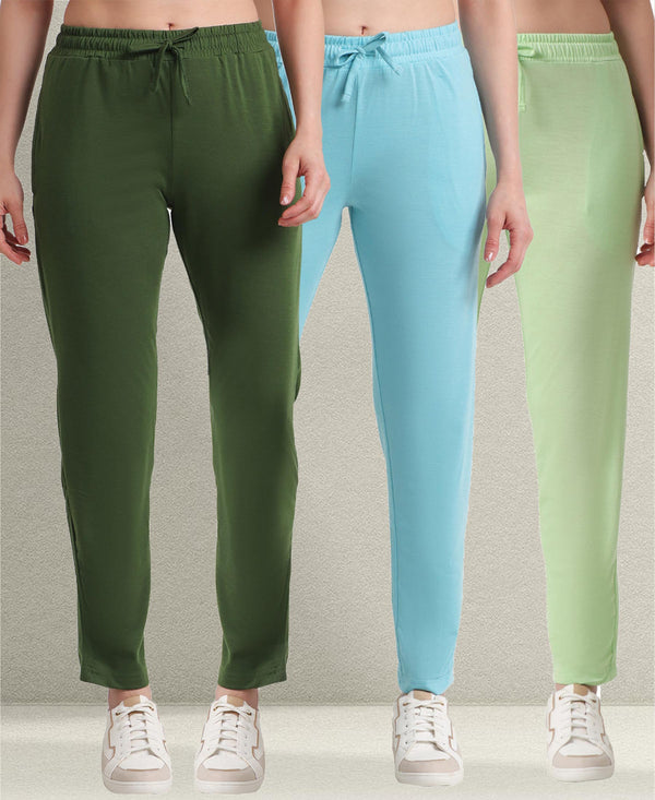 T.T. Women Regular Fit Poly Jersey Solid Trackpant Pack Of 3-Green-Olive-Turquoise