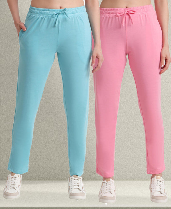 T.T. Women Regular Fit Poly Jersey Solid Trackpant Pack Of 2-Turquoise-Pink