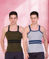 T.T. Men DesignerGym Vest Pack Of 2 Grey-Blue -Olive-Black