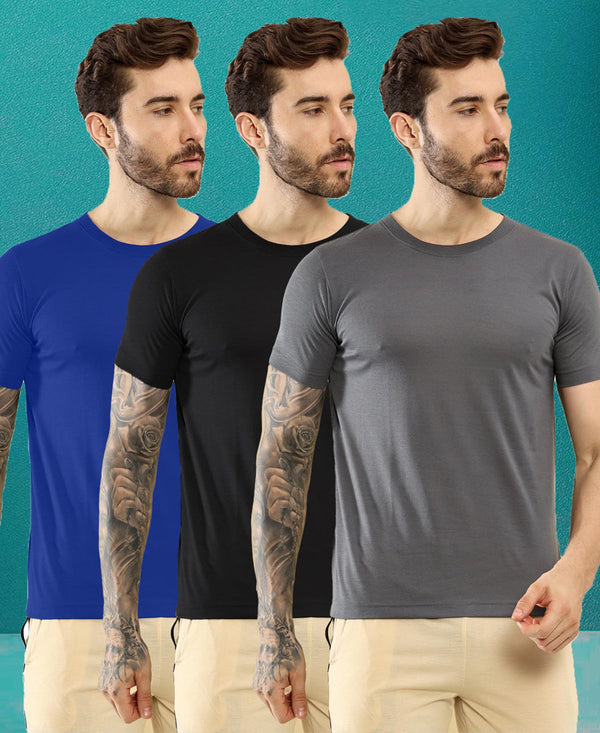 T.T. Men Slim Fit Poly Jersey Round Neck Half Sleeve T-Shirt Pack Of 3 Anthra-Black-Royal Blue