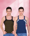 T.T. Men DesignerGym Vest Pack Of 2 Blue-Grey-Olive-Black