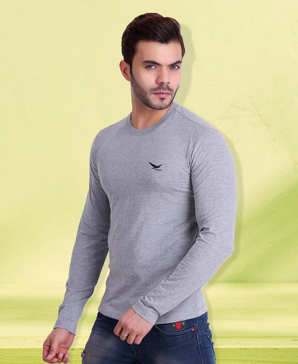 HiFlyers Men Round Neck Full Sleeve Solid Grey T-Shirt