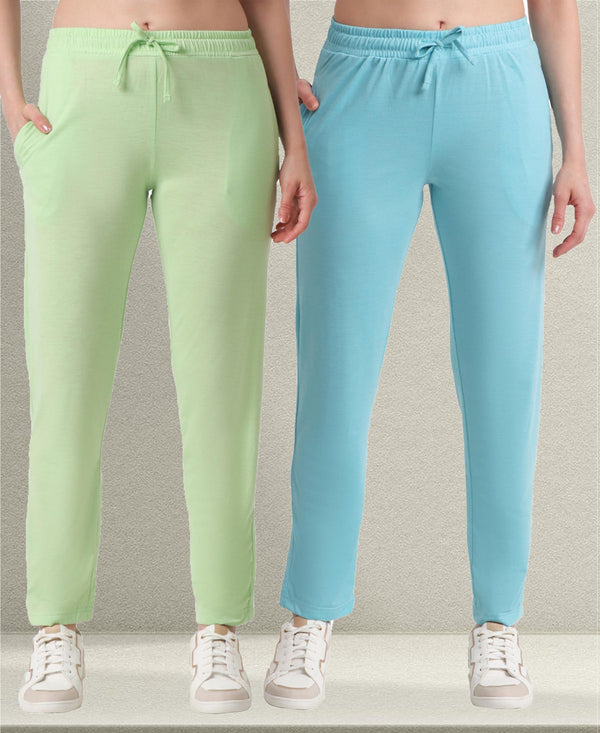 T.T. Women Regular Fit Poly Jersey Solid Trackpant Pack Of 2-Green-Turquoise
