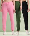 T.T. Women Regular Fit Poly Jersey Solid Trackpant Pack Of 3-Black-Olive-Pink