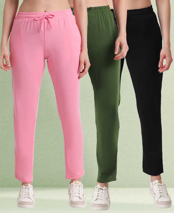 T.T. Women Regular Fit Poly Jersey Solid Trackpant Pack Of 3-Black-Olive-Pink