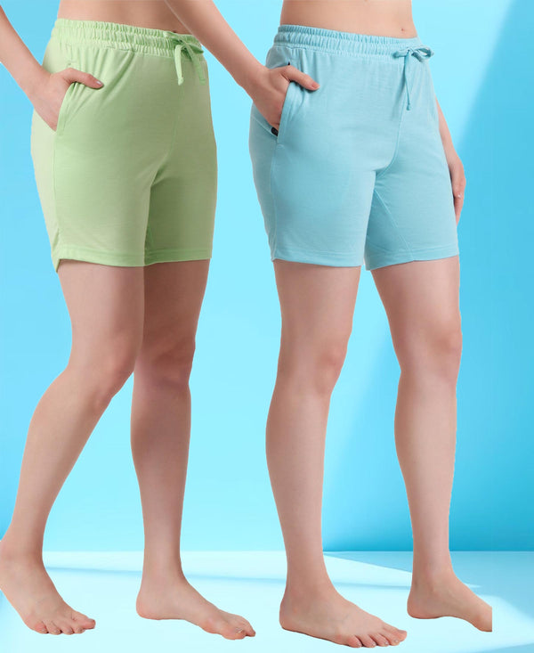 T.T. Women Regular Fit Poly Jersey Solid Short Pack Of 2-Green-Turquoise