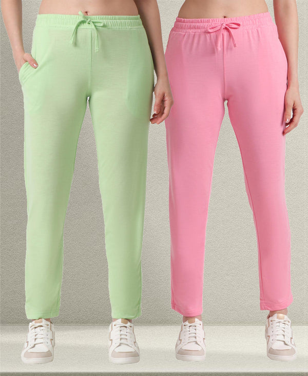 T.T. Women Regular Fit Poly Jersey Solid Trackpant Pack Of 2-Green-Pink