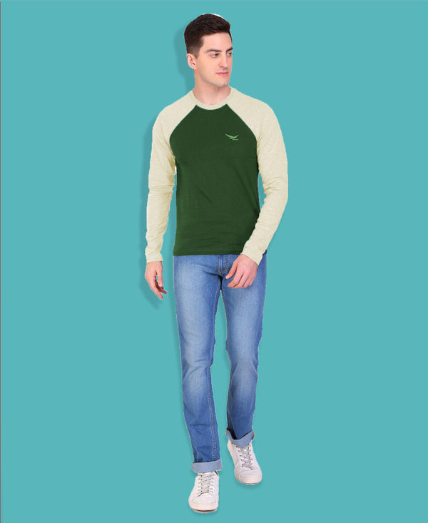 HiFlyers Men Round Neck Full Sleeve Cut & Sew Green T-Shirt