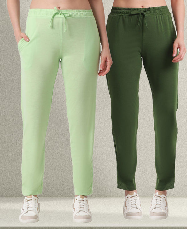 T.T. Women Regular Fit Poly Jersey Solid Trackpant Pack Of 2-Olive-Green