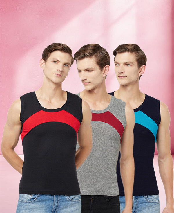 T.T. Men Designer Gym VestPack Of 3 Black-Red-Grey-Maroon-Navy-Sky