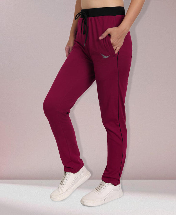 HiFlyers Women Comfort Fit Maroon Solid Cotton Track Pants