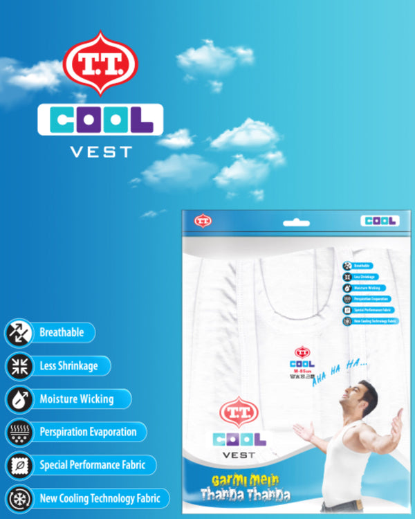 T.T. Men Cool 100% Cotton With Moisture Wicking & Cooling Technology Vest (Pack Of 4) White