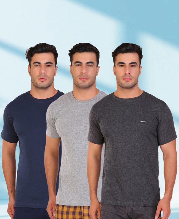HiFlyers Men Slim Fit Solid Pack Of 3 Premium Rn T-Shirt Grey-Anthra-Navy