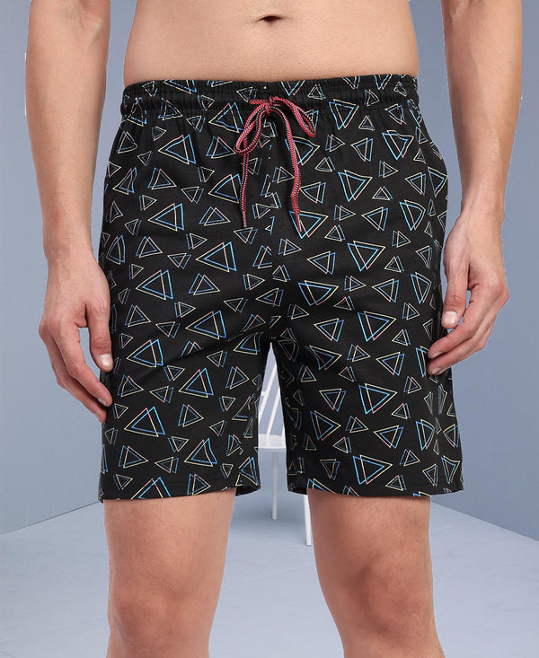 T.T. Men Regular Fit Cotton Polyster Printed Short With Zip Pocket Pack Of 1-Black Triangle