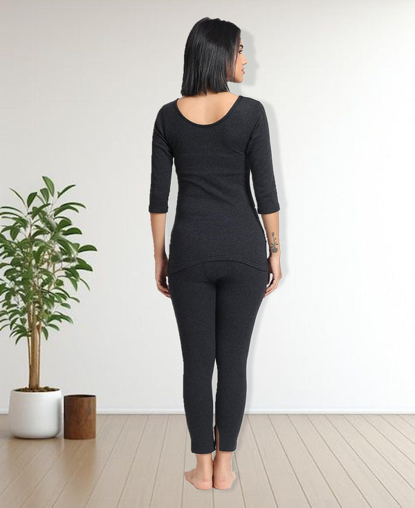 T.T. Women Regular Fit Cotton Rich With Elastomeric Finish 3/4Th Slip -Trouser Thermal Set -Black