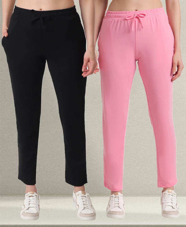 T.T. Women Regular Fit Poly Jersey Solid Trackpant Pack Of 2-Black-Pink