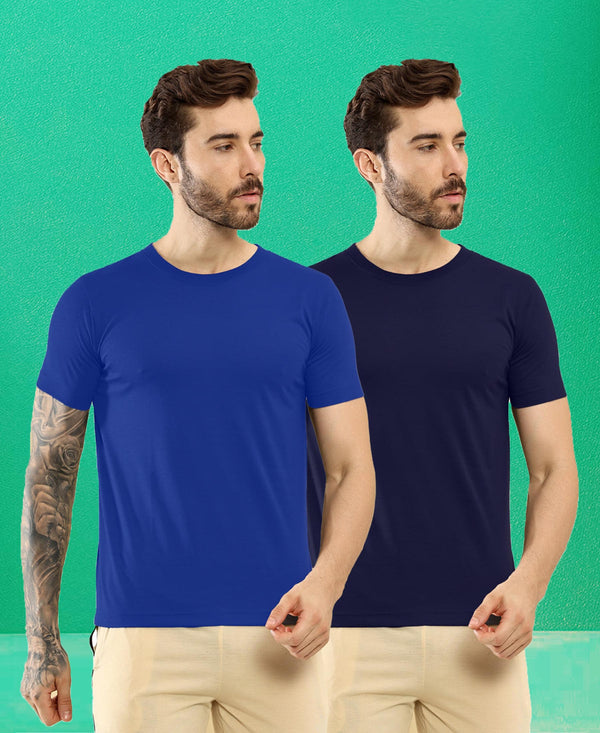 T.T. Men Slim Fit Poly Jersey Round Neck Half Sleeve T-Shirt Pack Of 2 Navy-Royal