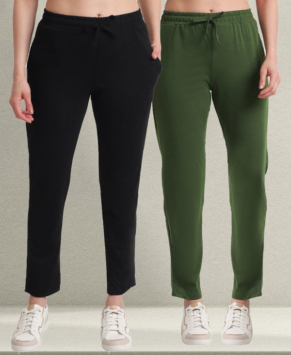 T.T. Women Regular Fit Poly Jersey Solid Trackpant Pack Of 2-Black-Olive