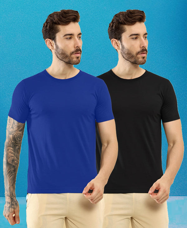 T.T. Men Slim Fit Poly Jersey Round Neck Half Sleeve T-Shirt Pack Of 2 Royal-Black