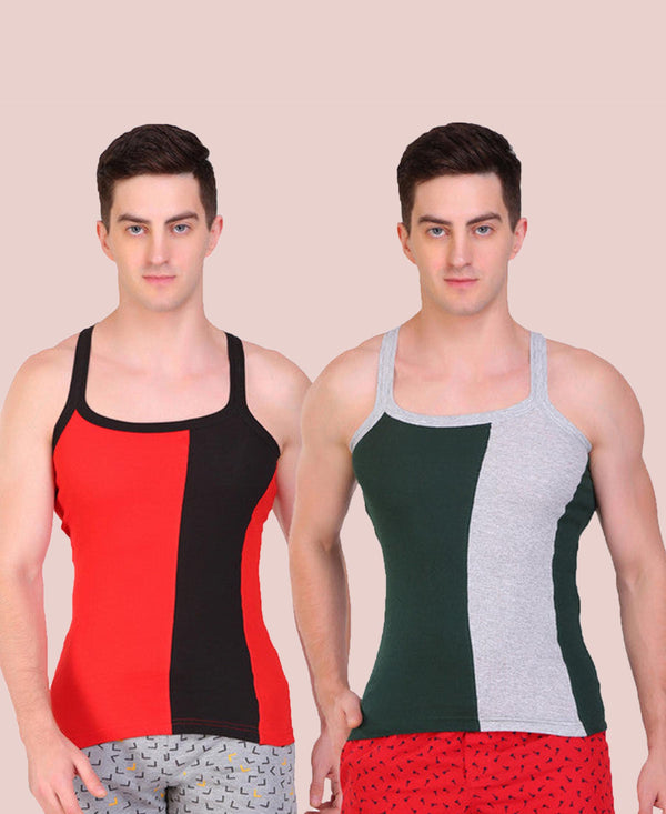 T.T. Men DesignerGym Vest Pack Of 2 Olive-Grey -Red-Black