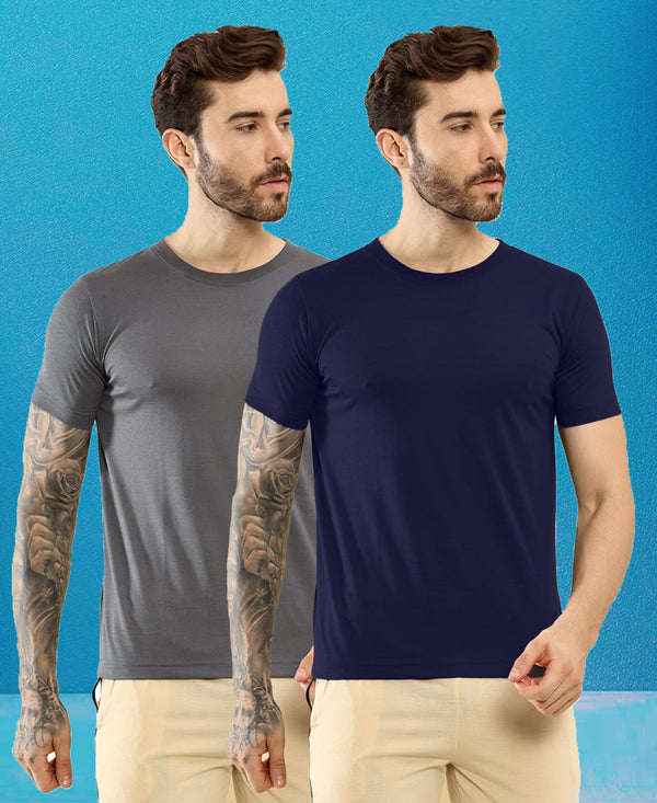 T.T. Men Slim Fit Poly Jersey Round Neck Half Sleeve T-Shirt Pack Of 2 Anthra-Navy