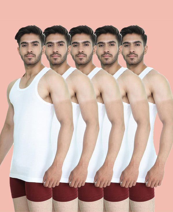 T.T. Men Derby White Vest (Pack Of 5)