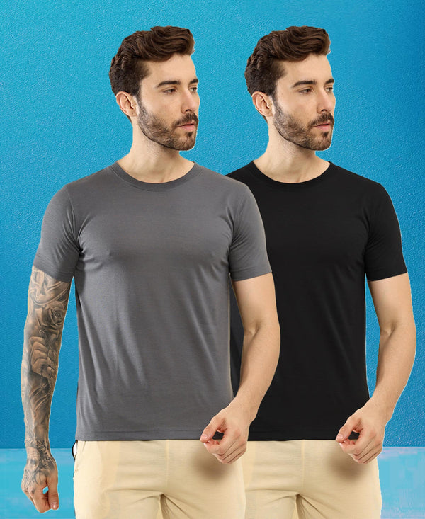 T.T. Men Slim Fit Poly Jersey Round Neck Half Sleeve T-Shirt Pack Of 2 Anthra-Black