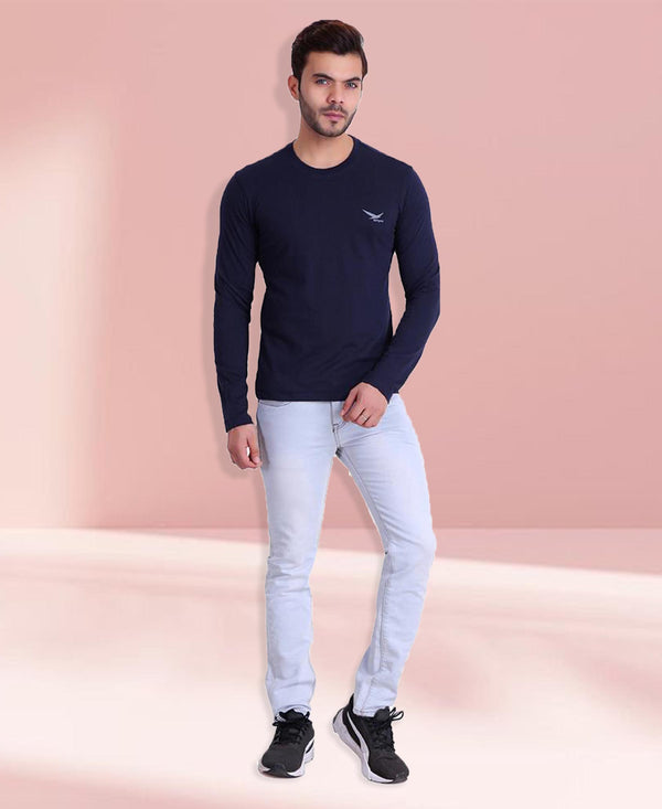 HiFlyers Men Round Neck Full Sleeve Solid Dark Blue Tshirt