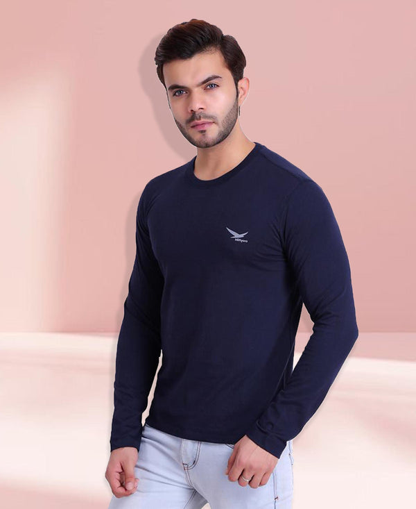 HiFlyers Men Round Neck Full Sleeve Solid Dark Blue Tshirt