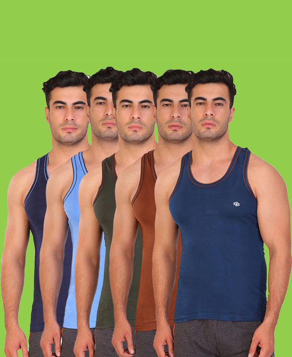 T.T. Men Caption Solid Pack Of 5 Dyed Vest Assorted