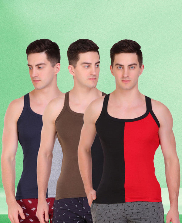 T.T. Men DesignerGym Vest Pack Of 3 Black-Red -Blue-Grey -Brown-Black
