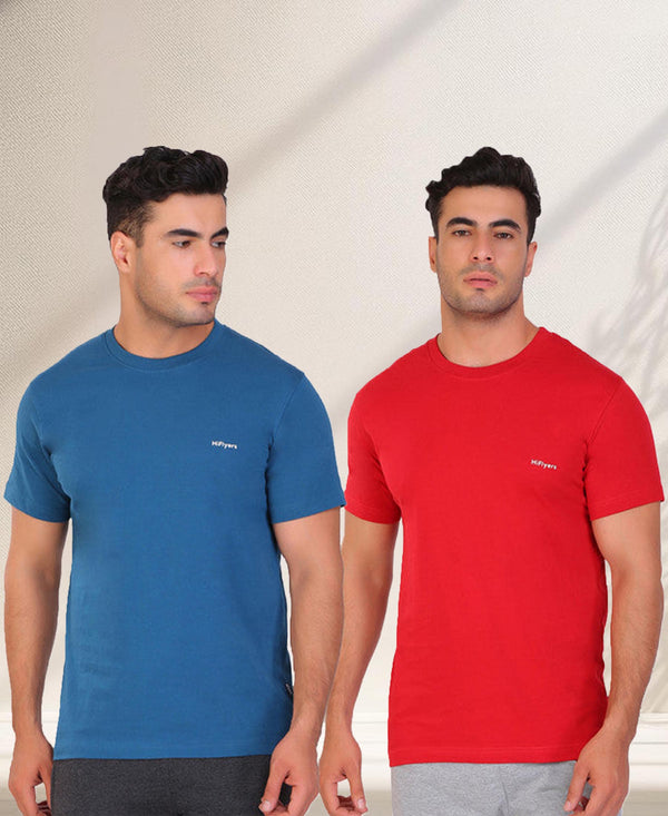 HiFlyers Men Slim Fit Solid Pack Of 2 Premium Rn T-Shirt Deep Atlantic-Red