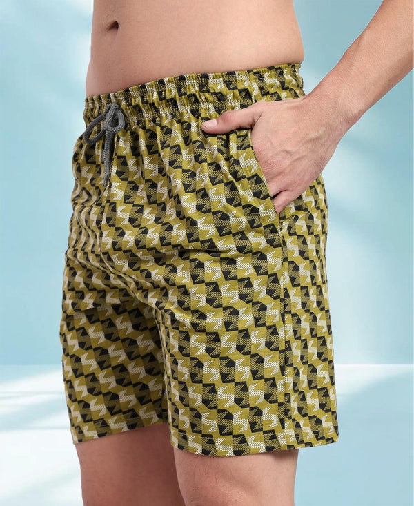 T.T. Men Regular Fit Cotton Polyster Printed Short With Zip Pocket Pack Of 1-Olive