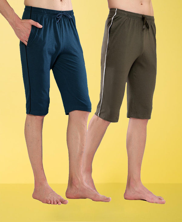 T.T. Men Regular Fit Poly Jersey Capri With Side Piping Pack Of 2-Airforce-Olive