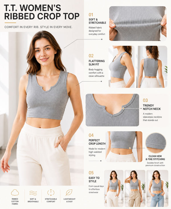 T.T. Women|Ribbed Crop Top|Sleeveless Notch Neck Slim Fit Aesthetic Streetwear Top|Stretchable Cotton Fabric|Tshirt|Top||Grey
