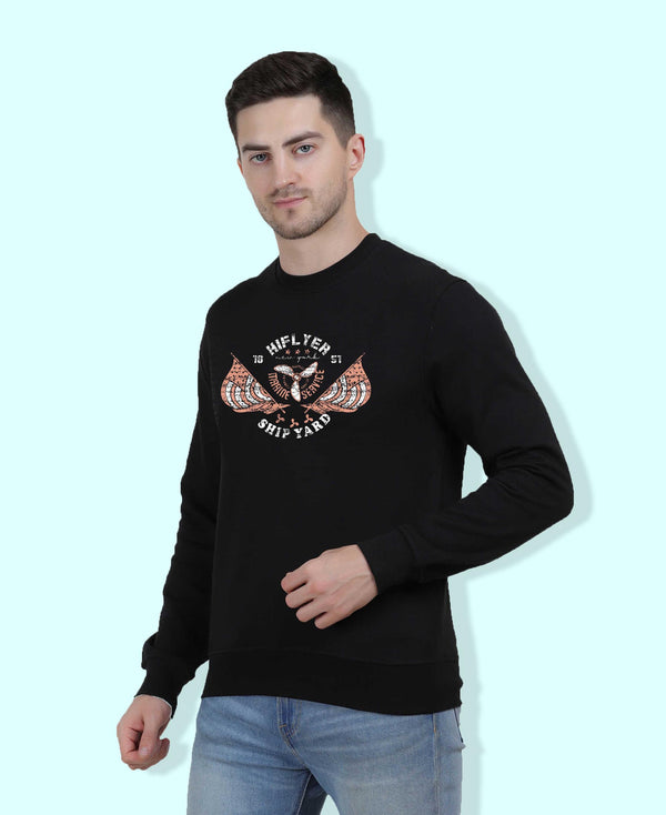 Hiflyers Men|Regular Fit|Chest Printed Cotton Fleece|Soft Stylish Casual Winter Wear Sweatshirt|Black-P3