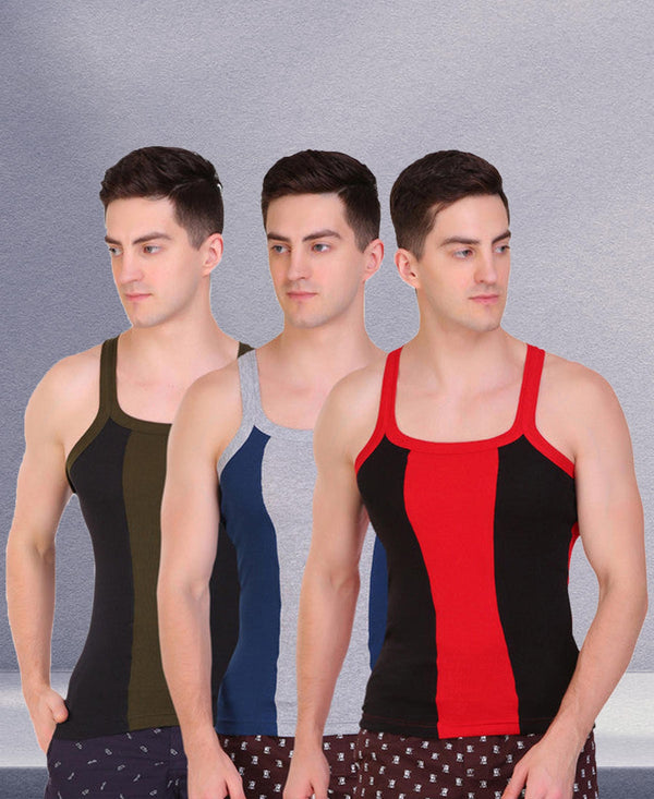 T.T. Men DesignerGym Vest Pack Of 3 Black-Red -Blue-Grey -Black-Olive