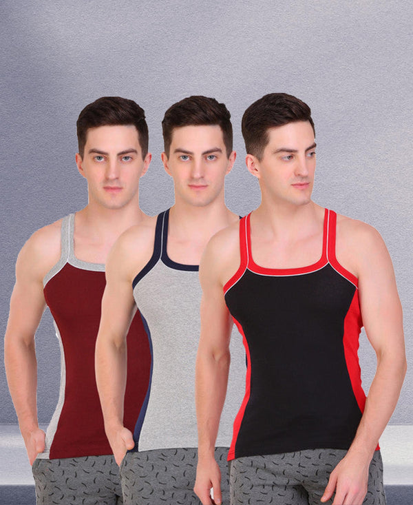 T.T. Men DesignerGym Vest Pack Of 3 Black-Red -Grey-Nvy -Maroon-Grey