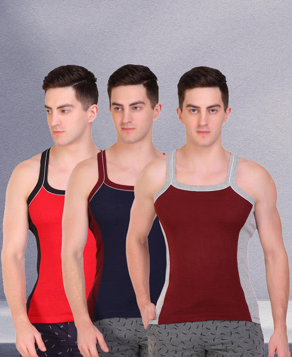 T.T. Men DesignerGym Vest Pack Of 3 Maroon-Grey -Navy-Maroon -Red-Black