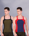 T.T. Men DesignerGym Vest Pack Of 2 Red-Blue -Black-Olive