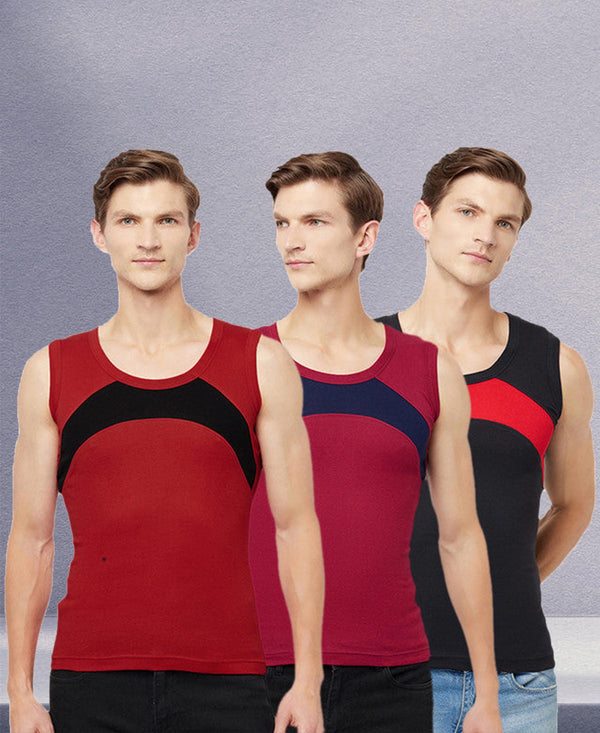 T.T. Men Designer Gym VestPack Of 3 Black-Red-Red-Black-Maroon-Navy