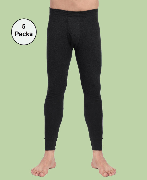 T.T. Men Regular Fit Cotton Rich With Elastomeric Finish Thermal Trouser Pack Of 5-Black