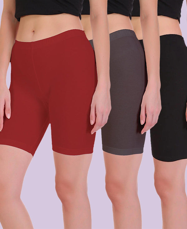 T.T. Women 100% Cotton Multipurpose Shorts Pack Of 3 Maroon Brown Black