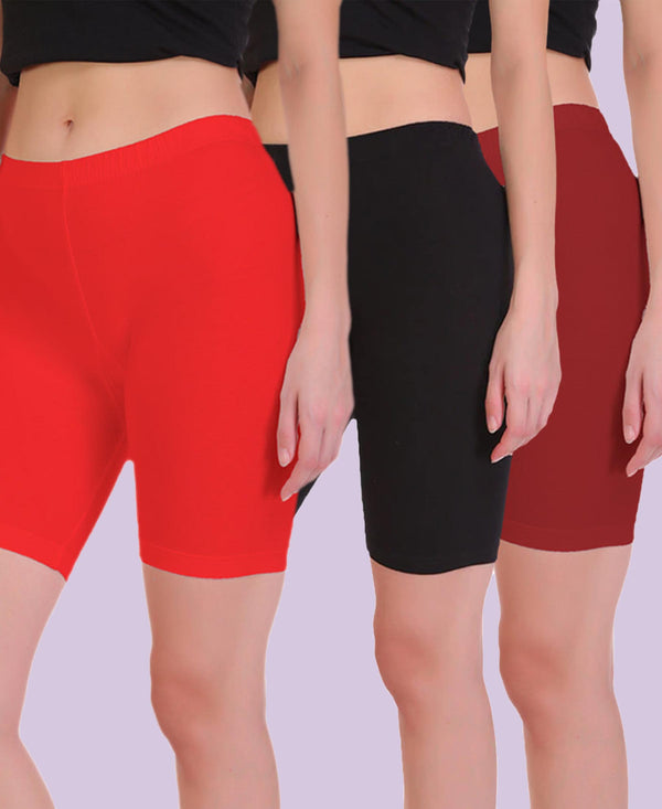 T.T. Pearl Women 100% Cotton Multipurpose Shorts Pack Of 3 Red Black Maroon